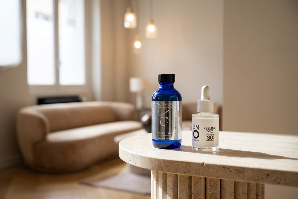 Peelings Codexial et ZO Skin Health sur la table de l accueil VivaSkin Esthetique Paris 16